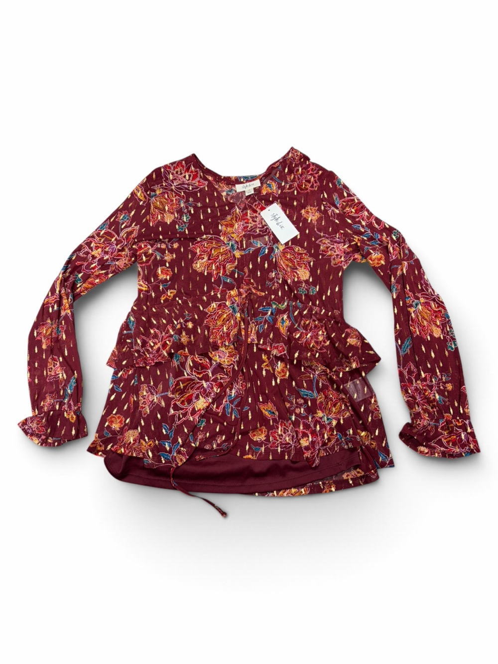 Floral Ruffle Long-Sleeve Top - Burgundy